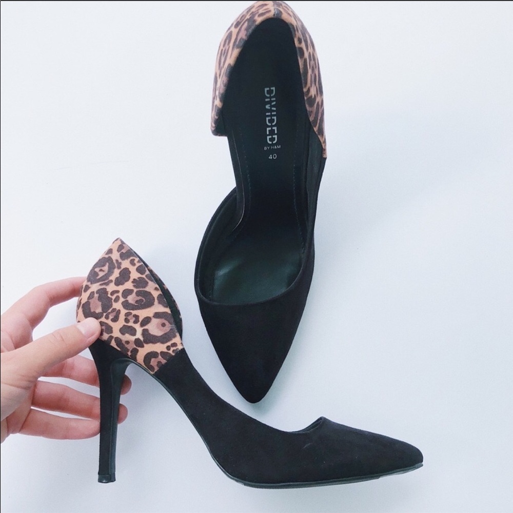H&M Suede Pointed Toe Black Leopard Print Heels